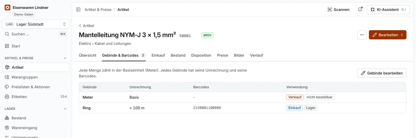 Artikel „Mantelleitung NYM-J 3 × 1,5 mm²“, Reiter Gebinde: Basiseinheit Meter, Ring mit 100 m und Barcode