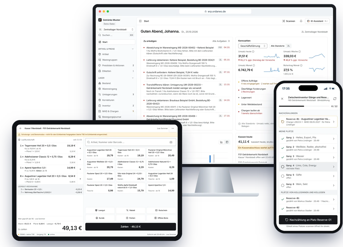 Ordaneo auf Rechner, iPad und iPhone: Startseite mit Aufgaben und Kennzahlen, Kasse mit Pfand und Leergut, Inventur am Telefon