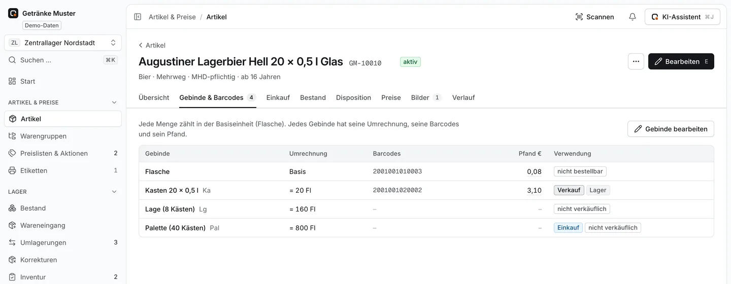 Artikel „Augustiner Lagerbier Hell 20 × 0,5 l Glas“, Reiter Gebinde und Barcodes: Flasche, Kasten mit 20 Flaschen, Lage mit 8 Kästen und Palette mit 40 Kästen, je mit Umrechnung, Barcode, Pfand und Verwendung