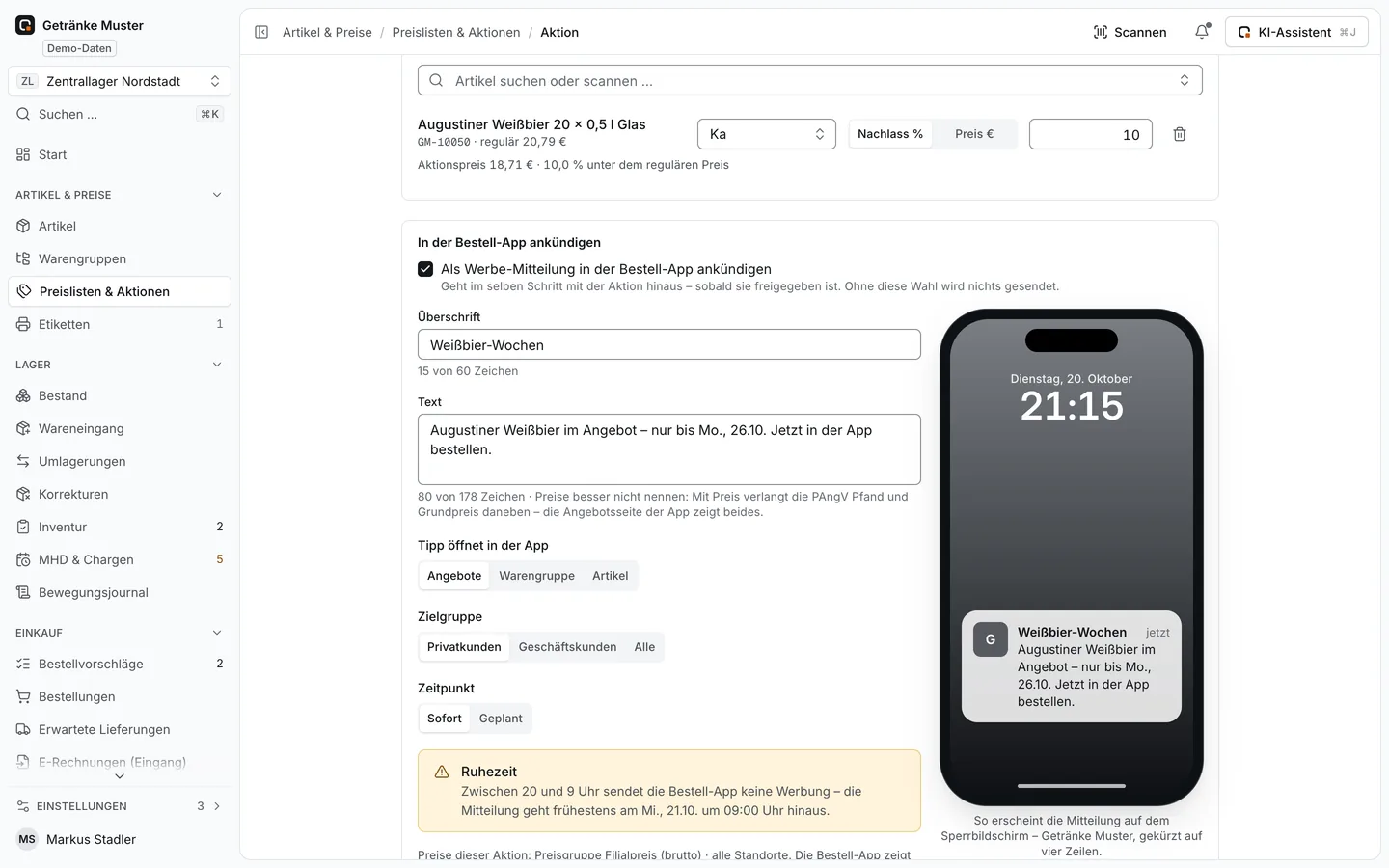 Aktion anlegen mit Abschnitt „In der Bestell-App ankündigen“: Überschrift, Text, Ziel und Zielgruppe, rechts die Vorschau der Mitteilung auf einem iPhone-Sperrbildschirm, darunter der Hinweis auf die Ruhezeit am Abend