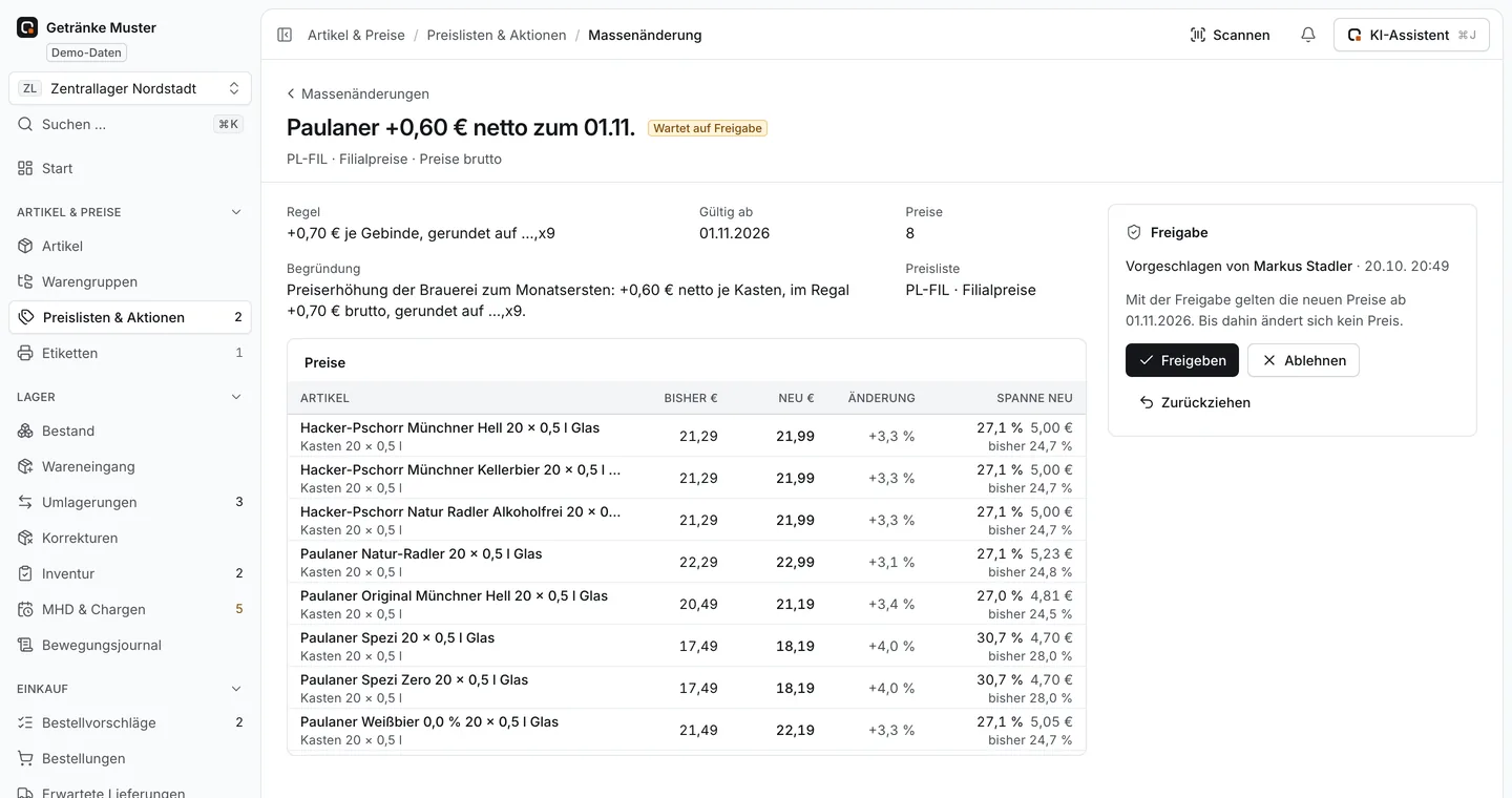 Massenänderung der Filialpreise wartet auf Freigabe: Regel „+0,70 € je Gebinde, gerundet auf …,x9“, je Artikel bisheriger und neuer Preis, Änderung und Spanne